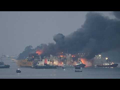 Dramatic footage shows ferry engulfed in flames off Indonesia