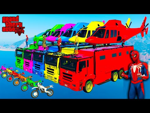 Colored Spiderman & Super Heroes driving Super Cars & Big Trucks in long race track