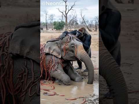 An elephant with parasitic creatures on his body asked the gorilla to find help