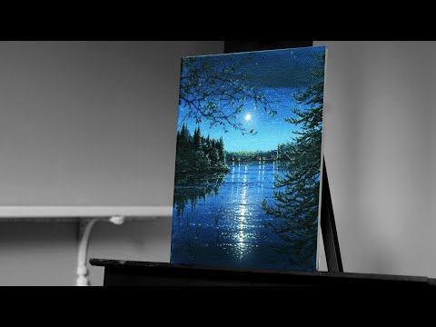 Painting a Moonlit Stream with Acrylics in Real Time - Night Sky Landscape Tutorial