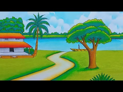 How to draw easy scenery drawing with beautiful landscape village with riverside village drawing