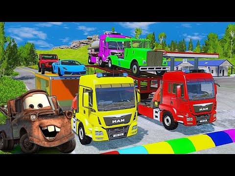 TRANSPORTING PIXAR CARS & FRUITS WITH COLORED & JOHN DEERE vs CLAAS vs TRACTORS - BeamNG.drive #962