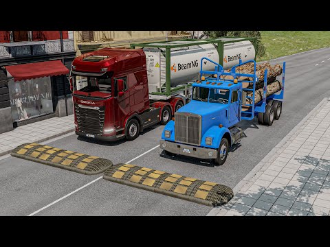 Mixed Color Double Flatbed Trailer Trucks & Super Long City Buses Vs Big Speed Bumps #1 BeamNG Drive