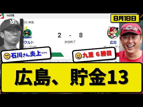 【1位vs5位】広島カープがヤクルトスワローズに8-2で勝利…8月18日快勝で単独首位キープ貯金13…先発九里6回1失点6勝目…菊池&坂倉&秋山&小園&石原が活躍【最新・反応集・なんJ・2ch】