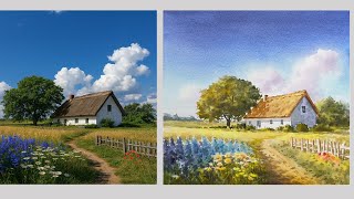 Watercolor Landscape painting – Peaceful Countryside Cottage