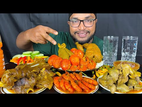 SPICY MUTTON CURRY, PRAWNS CURRY, CHICKEN LIVER CURRY, FULL CHICKEN CURRY AND EGG WITH RICE EATING