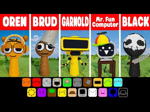 Minecraft: SPRUNKI Characters Build Challenge - OREN vs BRUD vs GARNOLD vs Mr. Fun Computer vs BLACK