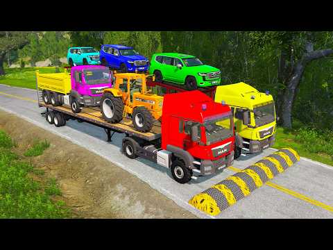 Flatbed Trailer McQueen Transportation with Truck - Speedbumps vs Cars vs Train - BeamNG #305