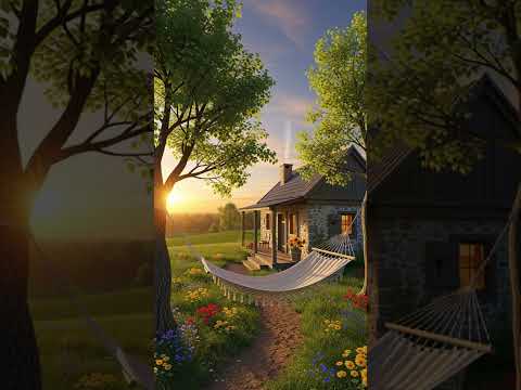 Small rural house with hammock under the tree, peaceful atmosphere