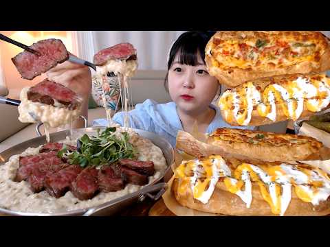 비프스테이크 올린 꾸덕한 크림 리조또 고구마베이컨/<strong>콘치즈</strong> 바게트샌드위치 먹방 Cream Risotto with Beef Steak Baguette Sandwich Mukbang