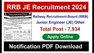 RRB JE Recruitment 2024 Online Form | Railway Junior Engineer Vacancy Notification Out, RRB Bharti