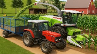Corn Silage Harvest - Tractor, Trailer, and Forage Harvester at Work - Hard Day on the Farm