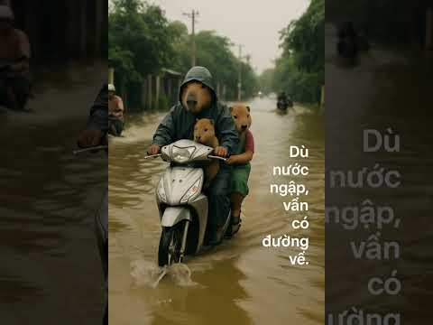 Bạn có dám ngồi sau xe ba giữa cơn lũ này không? #kapy #funny #unknown089 #familylove #capybara