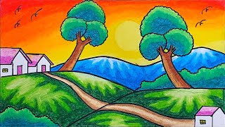 Easy Scenery Drawing | How To Draw Hills and Mountain At Sunset Scenery With Oil Pastels