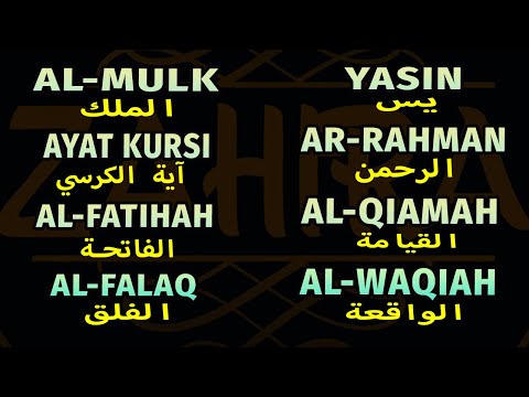 Surah Al Mulk, Yasin, Ayatul Kursi, Al Fatihah, Al Falaq, An Nas, Al Ikhlas, Al Waqiah, Ar Rahman