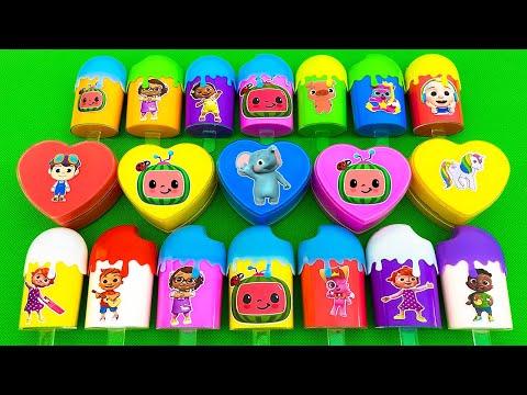 looking for numberblocks, cocomelon, little pony in all boxes with slime colorful