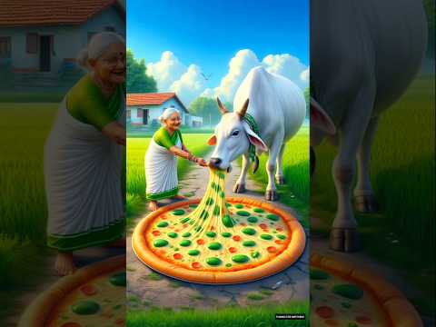Grandma fed pizza, and the cow showered her with milk! #ai #grandmother #cow