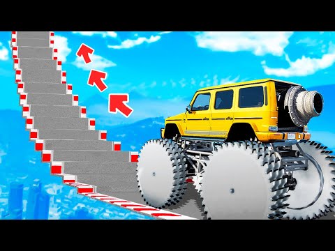 СМОГУТ ЛИ ОГРОМНЫЕ ТАЧКИ ПРОЕХАТЬ ПО СТУПЕНЬКАМ ЛЕСТНИЦЫ В ГТА 5! ЭКСПЕРИМЕНТ GTA 5 ОНЛАЙН