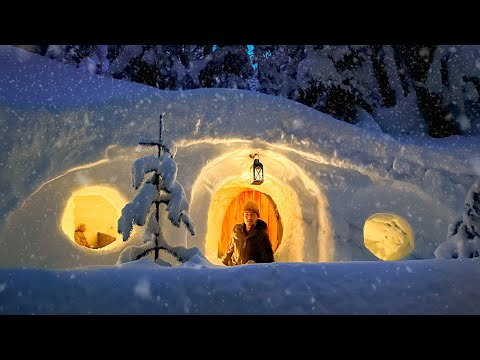 Surviving a Blizzard in a Giant Snow Cave Dugout! | Cozy Snow Storm Survival Shelter Solo Camping