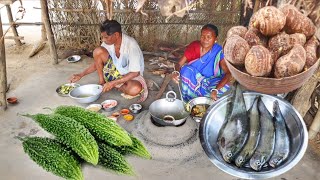 Folui Fish curry with Taro Root and karela fry cooking & eating by santali tribe old couple