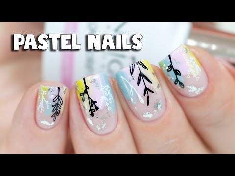 Pastel Watercolor Nail Art with Floral Stamping
