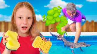 Có cá sấu trong hồ bơi! Nastya cố gắng làm sạch nó