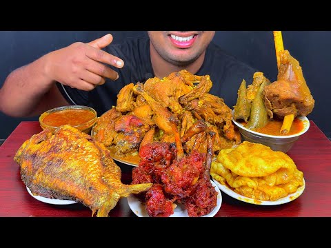 Eating Oily Mutton Fat Curry, Chicken Lolipop, Fish Fry, Chicken Curry, Mutton Leg with Rice Mukbang