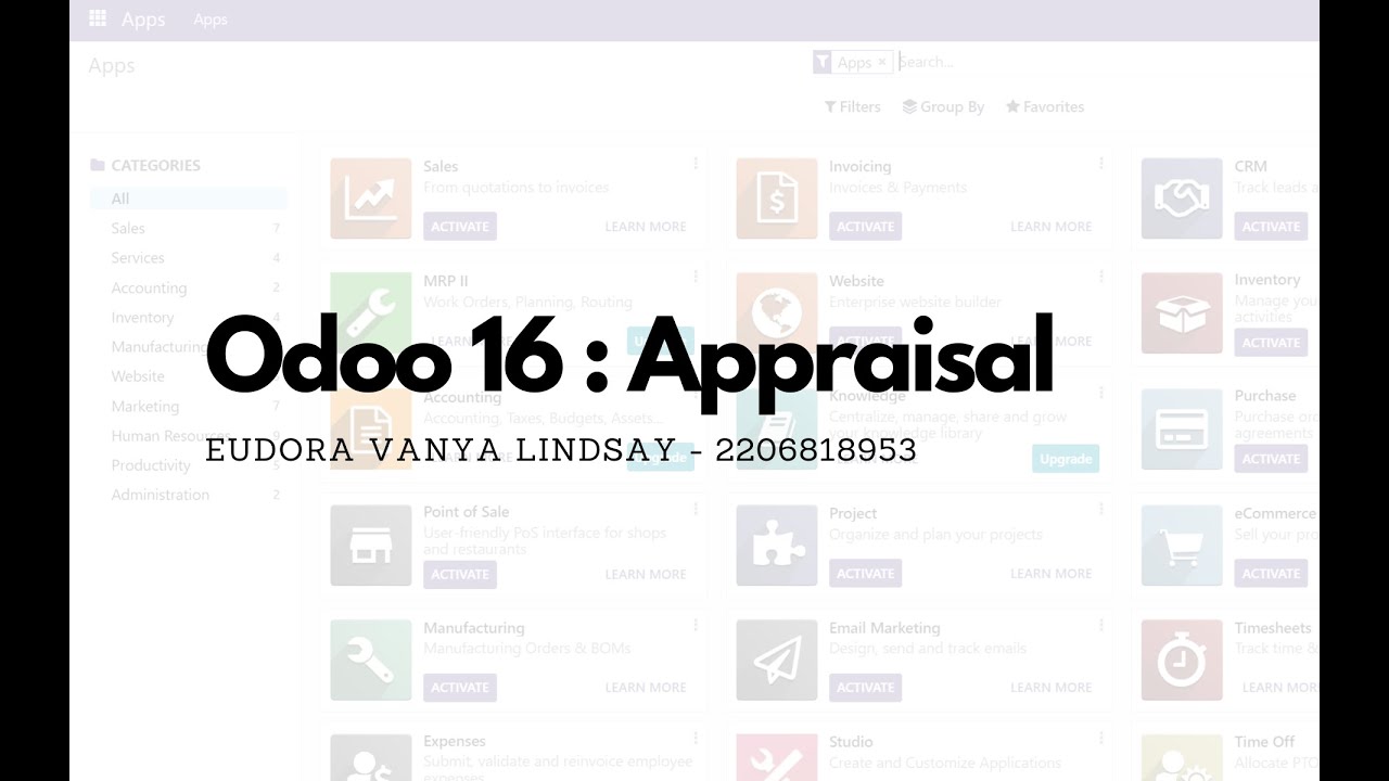 Odoo 16 : Appraisal | 09.10.2024

Eudora Vanya Lindsay - 2206818953 Lab 6 - SISDM-A #UniversitasIndonesia #FasilkomUI #sisdm #ERP #Odoo #ctecherp ...