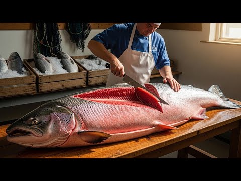 chopping a super giant salmom like nothing! 🐟🔥 #salmon  #fishcutting  #seafood