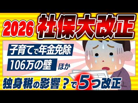 【超速報!】3月末で106万円の壁が事実上解消。2026年 社会保険の大改正5選。年金免除新制度ほか【個人事業主・会社員/独身税・子育て/国民健康保険料上限/交通費値上げ・通勤手当/20時間】