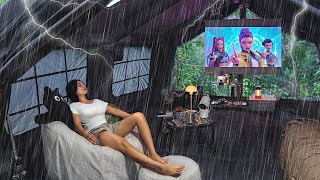 THUNDERSTORM AND HEAVY RAIN CAMPING ⛈️ HUGE 2 ROOM INFLATABLE TEANT . RAIN ASMR .