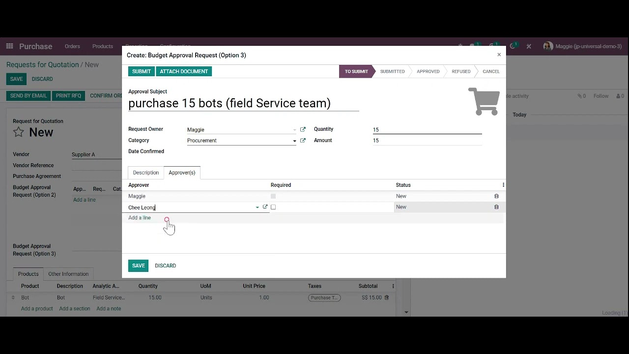 Odoo: Purchase Approval, Tracking Purchase expense by Department | 13.04.2022

Apps used: Purchase, Approval, Accounting, Studio.