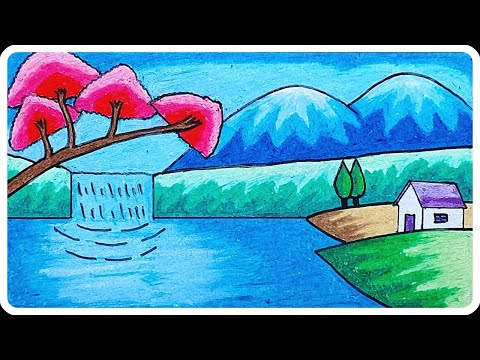 Menggambar Pemandangan | Cara Menggambar Pemandangan Gunung dan Air Terjun Dengan Oil Pastels