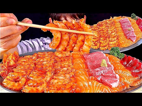 ASMR 매운홍새우회 연어 참치뱃살 덮밥 먹방~!! Rice With Spicy Shrimp Salmon Tuna MuKBang~!!
