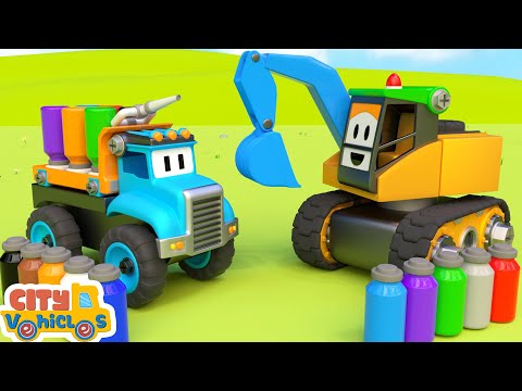 Construction vehicle change new wheels to pass puddle- - Tractor, dump truck and bulldozer for Kids.