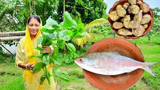 বাগানের পুঁইশাক তুলে ইলিশ মাছের মাথা দিয়ে রান্না সাথে কচু দিয়ে ইলিশ মাছের ঝোল আর খাওয়া দাওয়া 