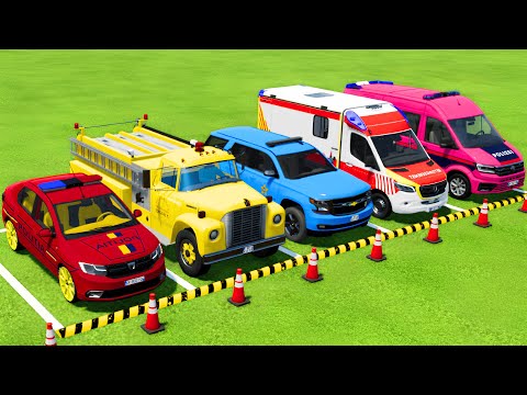 POLICE CARS, AMBULANCE VEHICLES, FIRE DEPARTMENT TRANSPORTING WITH TRUCKS ! Farming Simulator 22