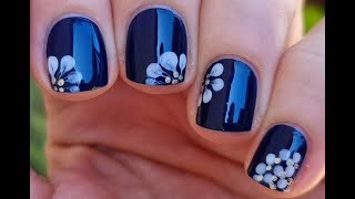 Sheer Flowers Over Dark Blue Short Nails | Drag Marble Floral Nail Art