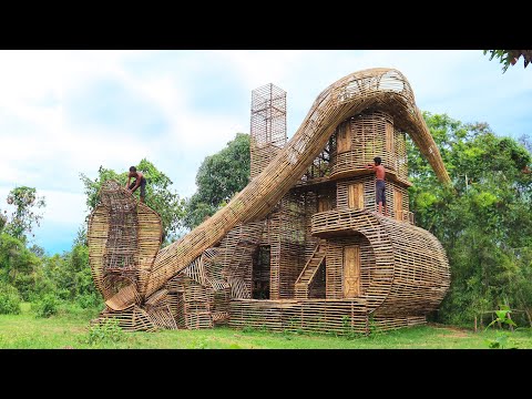 Build Creative Survival 4-Story Villa House With Water Slide Design In Forest