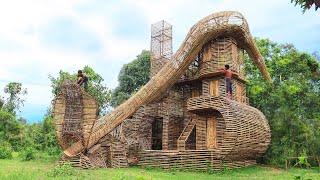 Build Creative Survival 4-Story Villa House With Water Slide Design In Forest