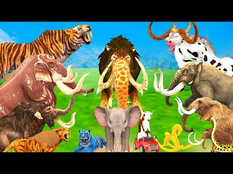 3 Giant Elephant Cow vs Giant Snake vs 3 Giant Lion Tiger Bull Attack Baby Elephant Buffalo Mammoth