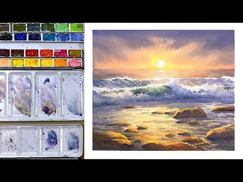 How to Paint Waves and Sunset with Watercolors