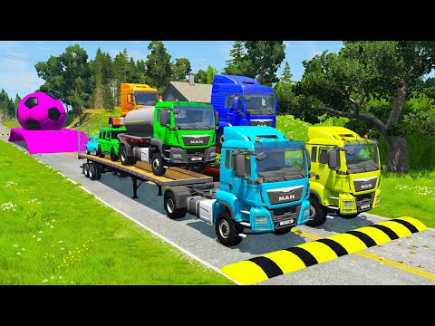 Double Flatbed Trailer Truck vs Speedbumps Train vs Cars Beamng.Drive #1