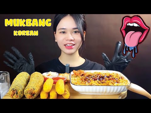 ASMR MUKBANG | SUPER SPICY NOODLES, FRIED KIM BAP, CHEESE STICKS