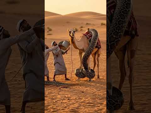 In a desert oasis, a huge python wrapped itself around a camel