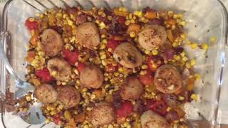 Steak with mushrooms and onions alongside scallops in warm corn relish (Hungry Hussey Style) on the