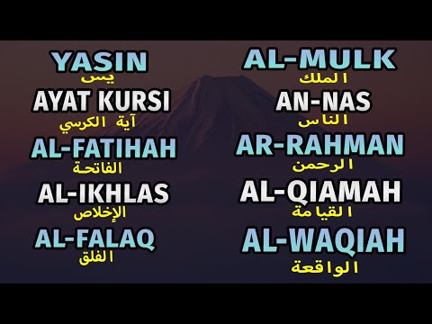 Surah Al Mulk, Yasin, Al Baqarah, Al Kahfi, Ar Rahman, Al Waqiah, Sajdah, Dukhan, Maryam, Taha,Hasyr