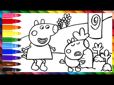 Dibuja y Colorea A Peppa Pig Y George Pig Recolectando Zanahorias Del Huerto || Dibujos Para Niños