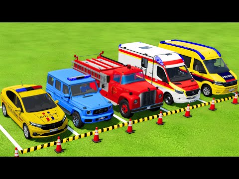 TRANSPORTING POLICE CARS, FIRE DEPARTMENT, AMBULANCE VEHICLES WITH TRUCKS TO THE GARAGE ! FS22