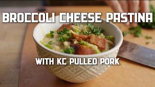 Creamy broccoli soup with crispy bacon and pulled pork - the perfect weeknight dinner!